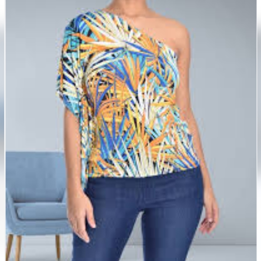 NEW Hak Women's Flutter Batwing One Off Shoulder Top Blue Size L